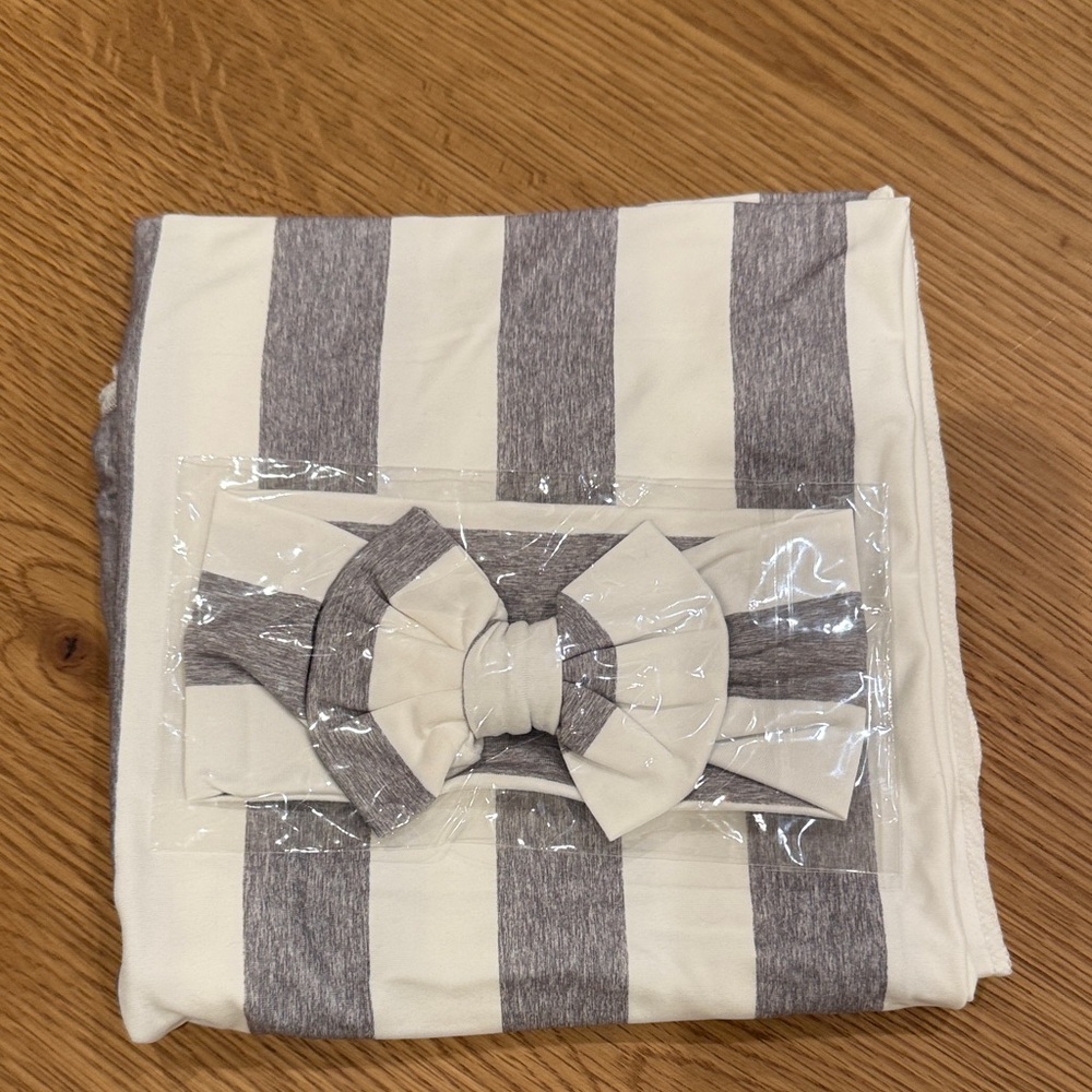 Striped Gray and White Blanket with Bow